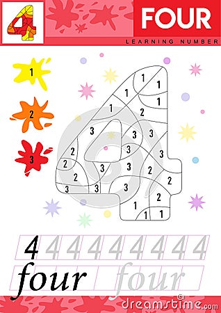 Learn numbers 4. Four. Kids learn to count worksheet. Children educational game for numbers. Vector illustration. Stock Photo