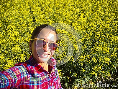 Adult Woman Taking Selfie Canola Field Alberta Stock Photo