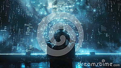 one AI's superiority as it stands illuminated on a digital throne, pulling in data streams from a vanquished AI opponent, Stock Photo