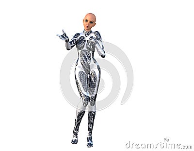 One bald young slender girl in a futuristic silver costume Stock Photo