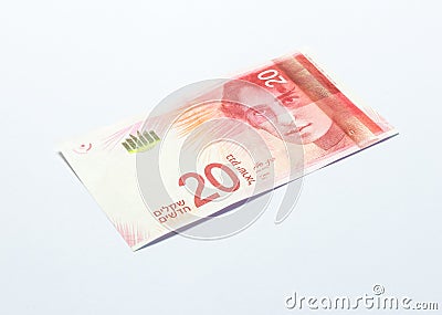 One banknote of a new type with a portrait of singer Rachel Bluwstein worth 20 Israeli shekels isolated on a white background Stock Photo