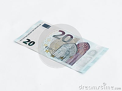 One banknote worth 20 Euro isolated on a white background Stock Photo