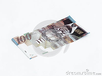 One banknote worth 100 Israeli shekels isolated on a white background Stock Photo