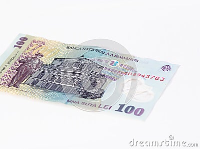 One banknote worth 100 Romanian Lei isolated on a white background Stock Photo