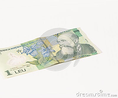 One banknote worth 1 Romanian Leu isolated on a white background Stock Photo