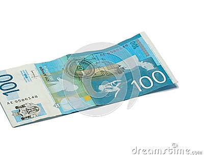 One banknote worth 100 Serbian Dinars with a portrait of a scientist and inventor Nikola Tesla isolated on a white background Stock Photo