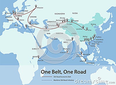 One Belt, One Road, Chinese strategic investment in the 21st century map Vector Illustration