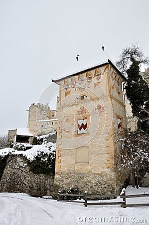 Coira castle tower and snow Stock Photo