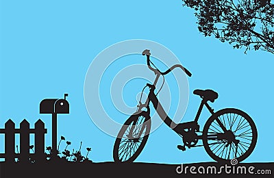 One bicycle parking under blooming flower tree near wood fence and mail box, floral meadow on the ground Vector Illustration