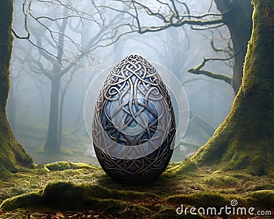 One big Celtic easter egg with a misty woodland in the background. Cartoon Illustration