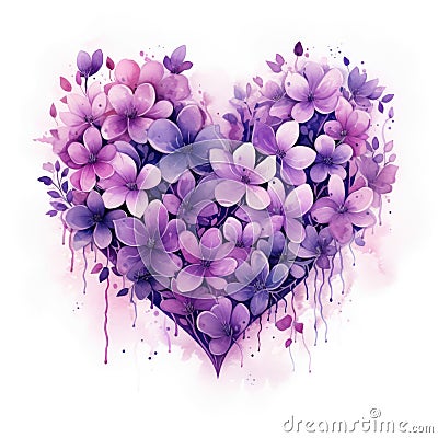 one big violet heart contains of many flowers on white background, Watercolor post card for Valentine day Stock Photo