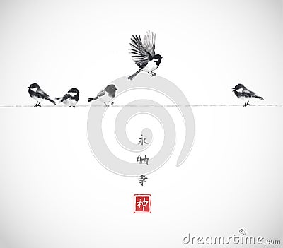 One bird flying and four little birds sitting on a wire. Traditional oriental ink painting sumi-e, u-sin, go-hua on Vector Illustration