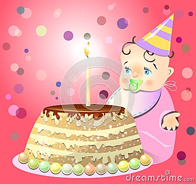 One birthday celebrate cake baby Vector Illustration