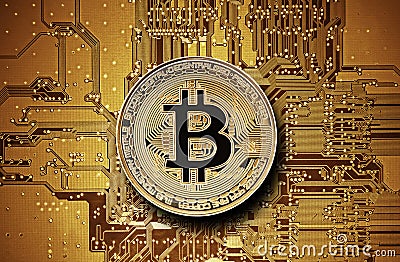 Bitcoin golden coin on computer circuit board Stock Photo