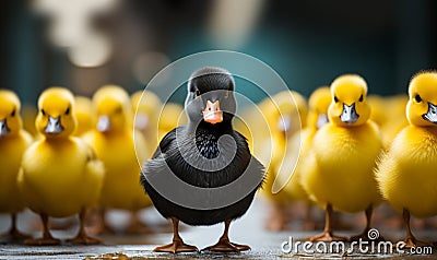 One black duck in a row of yellow ducks,Diversity concept, Standing out of the crowd. Cute animal backgroud concept Stock Photo