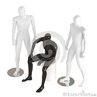 One black, faceless mannequin guy sits on a white box and two white mannequin guys stand on each side. 3D rendering Stock Photo