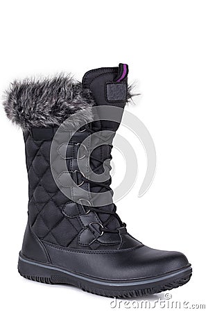 One black glossy fabric woolen woman winter boots isolated Stock Photo