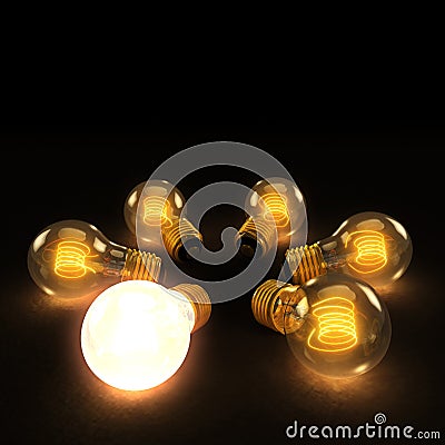 One Bright bulb among Six Incandescent Lightbulbs in a circle o Stock Photo