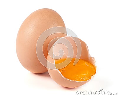 One brown egg and broken egg isolated on white background Stock Photo
