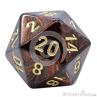 One brown marbled w20 or 20 sided dice Stock Photo