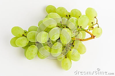 One bunch of ripe organic white grapes isolated on white background, top view or flat lay photograph of healthy fruits and vegan f Stock Photo
