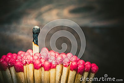 One burned match standing out from the crowd Stock Photo