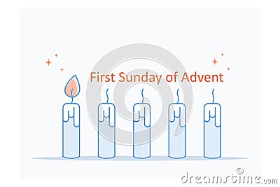 One burning advent candle. Erster Advent german text. Flat Holiday design with candles on white background. Vector Illustration