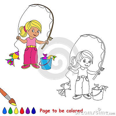 One cartoon baby fisher girl catch fish Vector Illustration