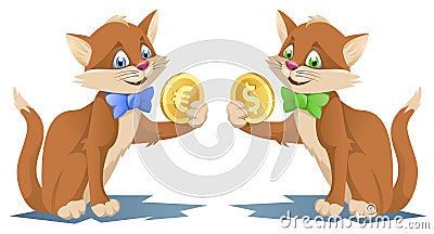 One cat holding dollar symbol and another eagle holding euro symbol Vector Illustration
