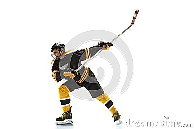 One caucasian man hockey player in studio silhouette isolated on white background Stock Photo