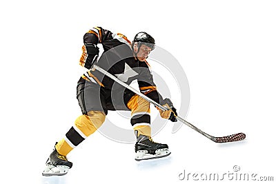 One caucasian man hockey player in studio silhouette isolated on white background Stock Photo