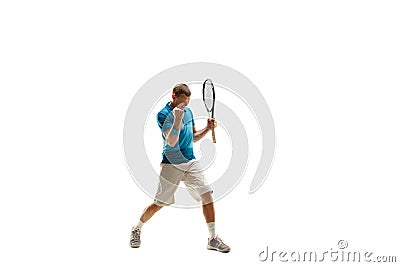 One caucasian man playing tennis player isolated on white background Stock Photo