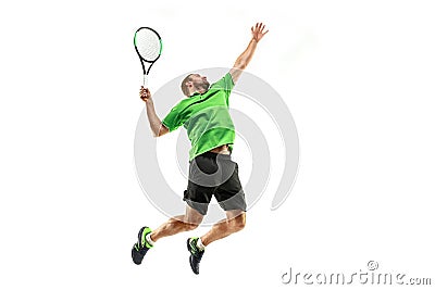 One caucasian man playing tennis player isolated on white background Stock Photo