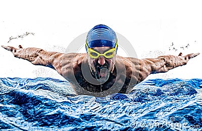 Man sport swimmer swimming isolated white background Stock Photo