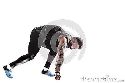 One caucasian man young sprinter runner running in silhouette studio on white background. Stock Photo