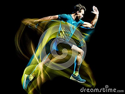 Runner running jogger jogging man isolated light painting black background Stock Photo