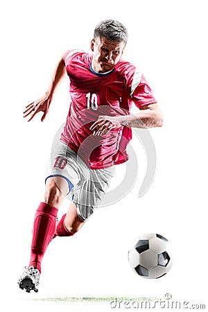 One caucasian soccer player man isolated on white background Stock Photo