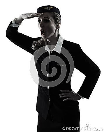 Stewardess cabin crew woman looking away surprised isolated silh Stock Photo