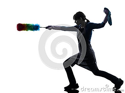 Woman maid housework dust cleaning silhouette Stock Photo