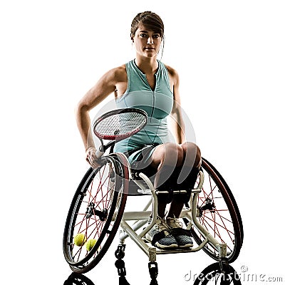 Young handicapped tennis player woman welchair sport isolated si Stock Photo