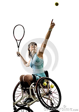 Young handicapped tennis player woman welchair sport isolated si Stock Photo