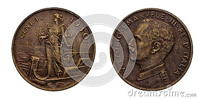 One 1 cent Lire Copper Coin 1910 Prora Vittorio Emanuele III Kingdom of Italy Stock Photo