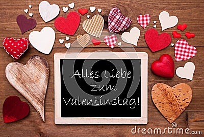 One Chalkbord, Many Red Hearts, Valentinstag Means Valentines Day Stock Photo