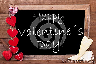 One Chalkbord, Red And Yellow Hearts, Happy Valentines Day Stock Photo
