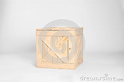 One closed wooden crate on grey Stock Photo