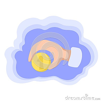 One coin in hand. Money saving colorful vector icon. One dollar payment. Cheap price concept. Buy sell icon. Stock Photo