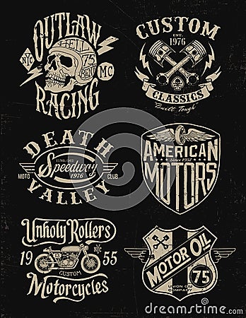 One color vintage motorcycle graphic set Vector Illustration