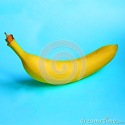 One Colorful banana lying on blue background Stock Photo