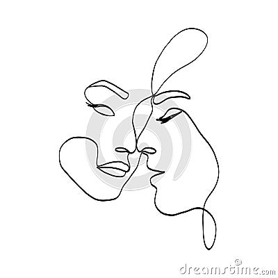 One continues line couple portrait. Abstract woman man faces line art contemporary style. Vector illustration Cartoon Illustration