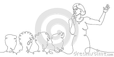 female character with a microphone speaks to the audience. Presentation, event, acting on stage. Cartoon Illustration